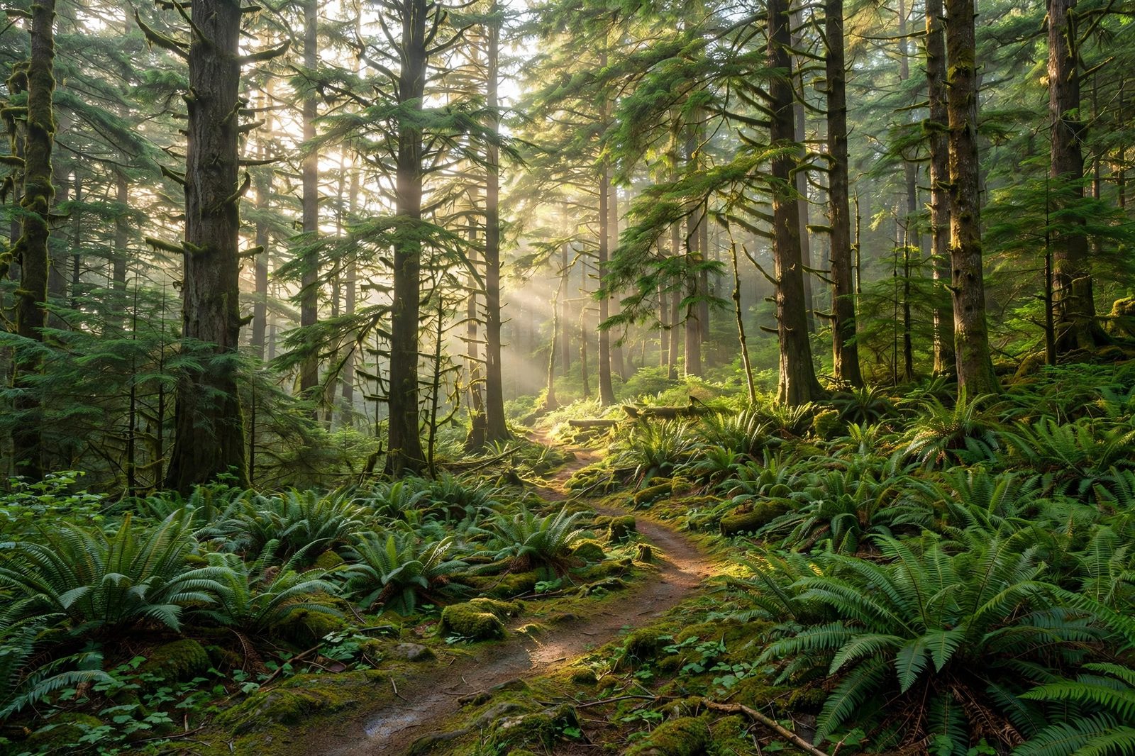 Sunlit forest trail winding through coastal Pacific Northwest evergreens